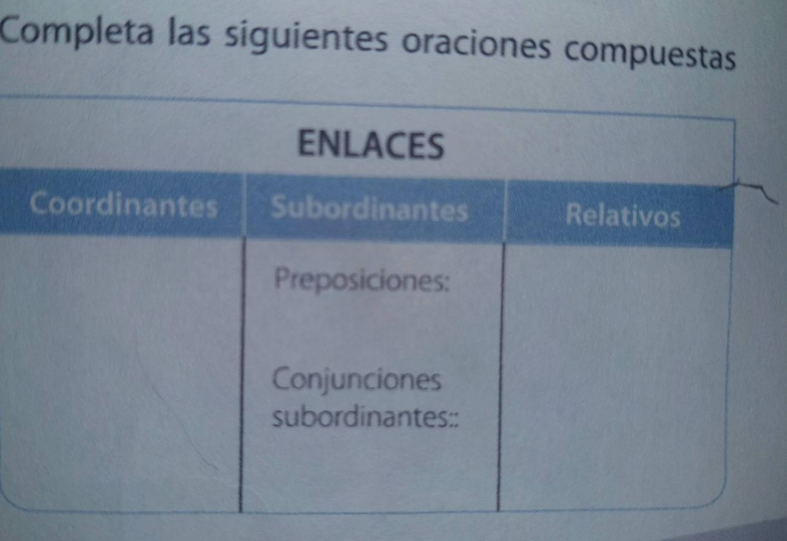 Completa las siguientes oraciones compuestas