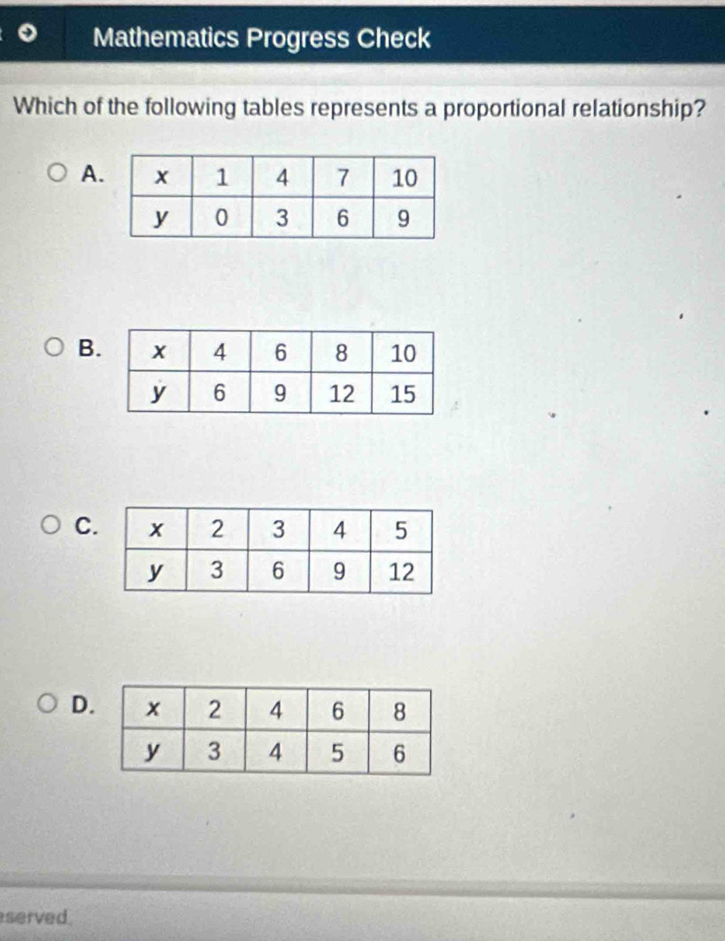 Mathematics Progress Check
Which of the following tables represents a proportional relationship?
A
B
C
D
served.