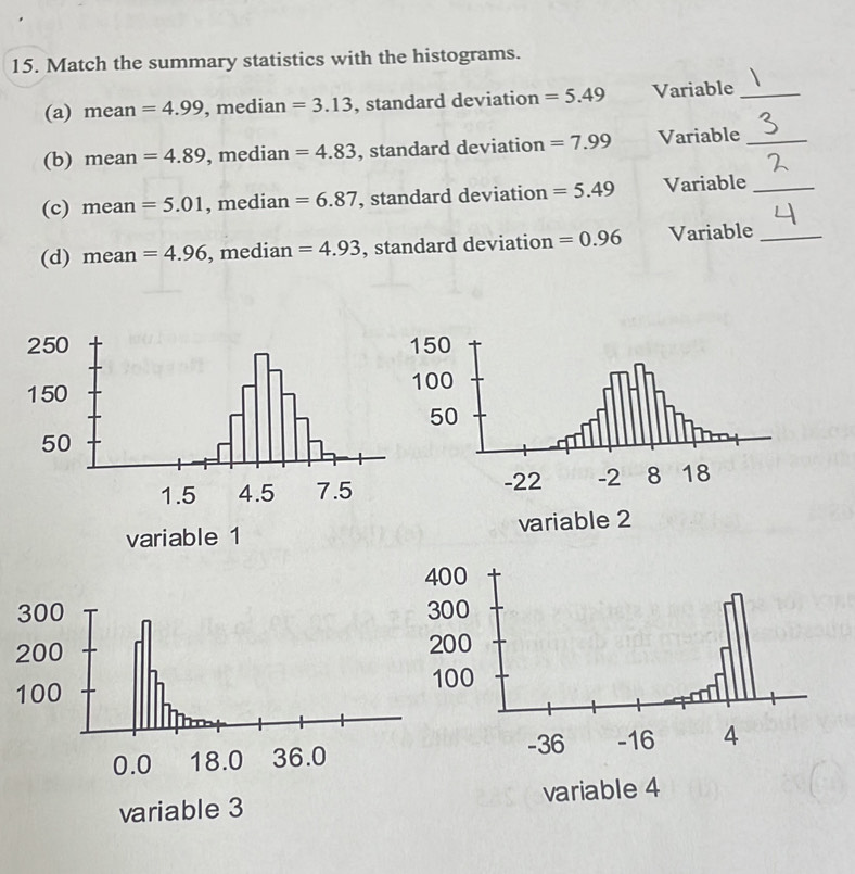 Match the summary statistics with the histograms.
(a) mean =4.99 , median =3.13 , standard deviation =5.49 Variable_
(b) mean =4.89 , median =4.83 , standard deviation =7.99 Variable_
(c) mean =5.01 , median =6.87 , standard deviation =5.49 Variable_
(d) mean =4.96 , median =4.93 , standard deviation =0.96 Variable_
250
150
variable 1 variable 2

variable 3 variable 4