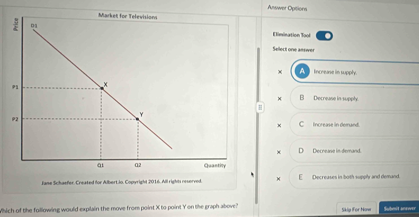 Answer Options
Elimination Tool
Select one answer
× A Increase in supply.
× B Decrease in supply.
::
× C Increase in demand.
× D₹ Decrease in demand.
×
E Decreases in both supply and demand.
Which of the following would explain the move from point X to point Y on the graph above? Submit answer
Skip For Now