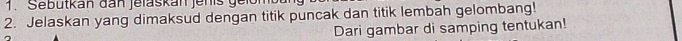 Sebutkan dan jelaskan Jenis g e 
2. Jelaskan yang dimaksud dengan titik puncak dan titik lembah gelombang! 
Dari gambar di samping tentukan!