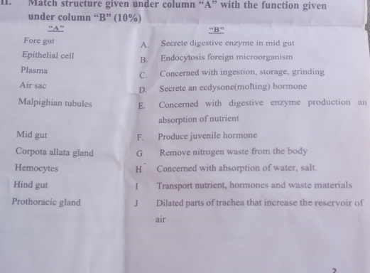 Match structure given under column “A” with the function given
under column “B” (10%)
“A” “B”
Fore gut A. Secrete digestive enzyme in mid gut
Epithelial cell B. Endocytosis foreign microorganism
Plasma
C. Concerned with ingestion, storage, grinding
Air sac D. Secrete an ecdysone(molting) hormone
Malpighian tubules E. Concerned with digestive enzyme production an
absorption of nutrient
Mid gut F. Produce juvenile hormone
Corpota allata gland G Remove nitrogen waste from the body
Hemocytes H’ Concerned with absorption of water, salt.
Hind gut I Transport nutrient, hormones and waste materials
Prothoracic gland J Dilated parts of trachea that increase the reservoir of
air