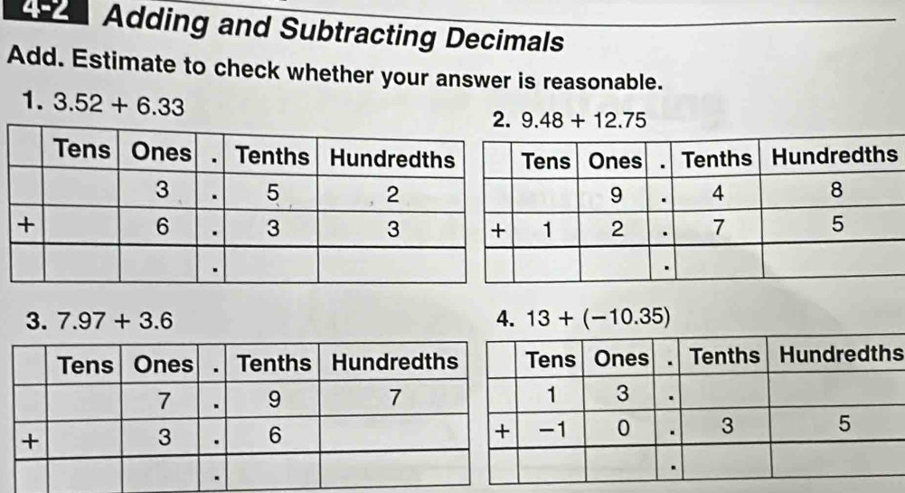 4-2 Adding and Subtracting Decimals
Add. Estimate to check whether your answer is reasonable.
1. 3.52+6.33
9.48+12.75
3. 7.97+3.6 4. 13+(-10.35)
s