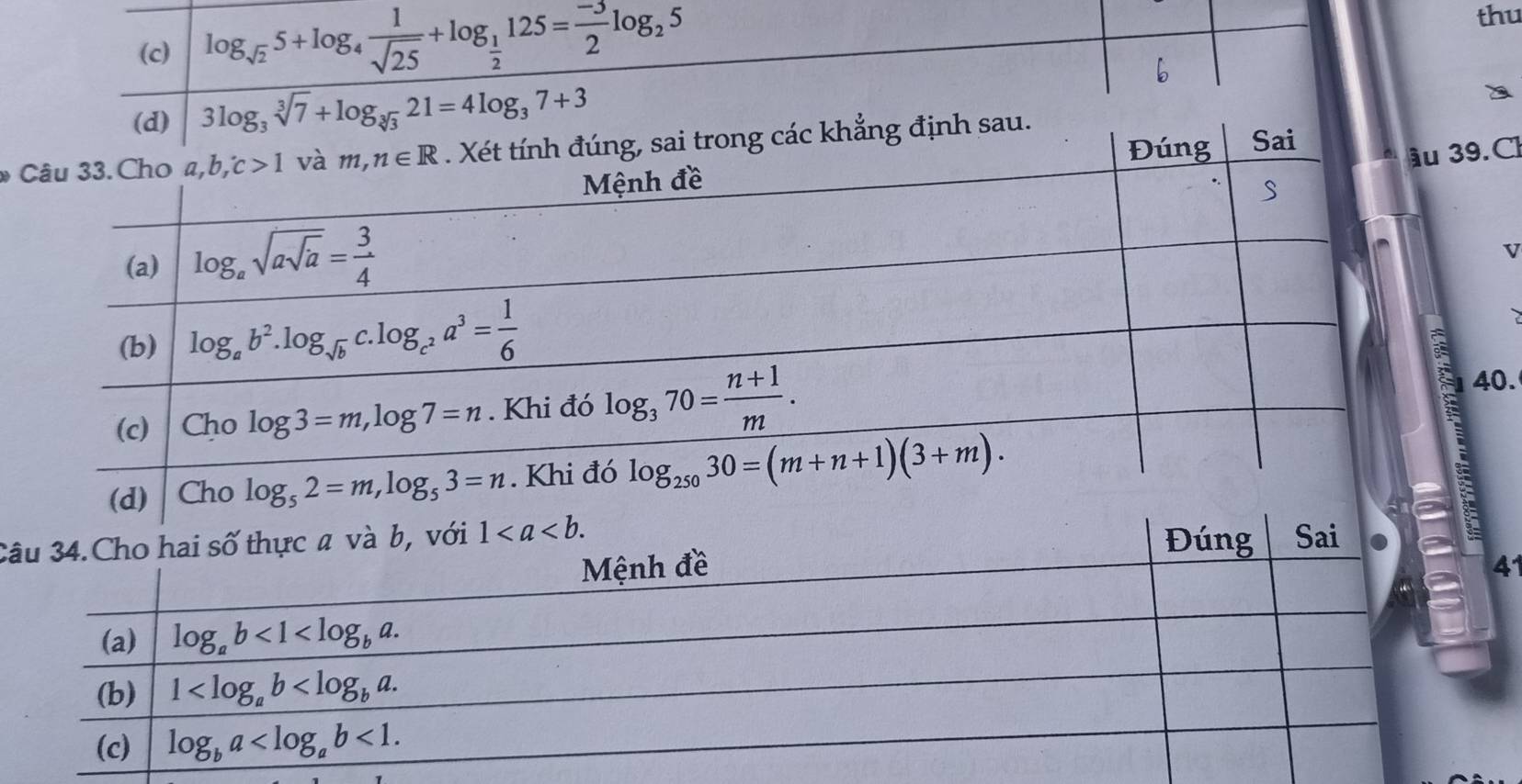 log _sqrt(2)5+log _4 1/sqrt(25) +log _ 1/2 125= (-3)/2 log _25
thu
(d) 3log _3sqrt[3](7)+log _sqrt[3](3)21=4log _37+3
a
Sai
* g, sai trong các khẳng định sau.
u 39.C
40.
9
E
C
1