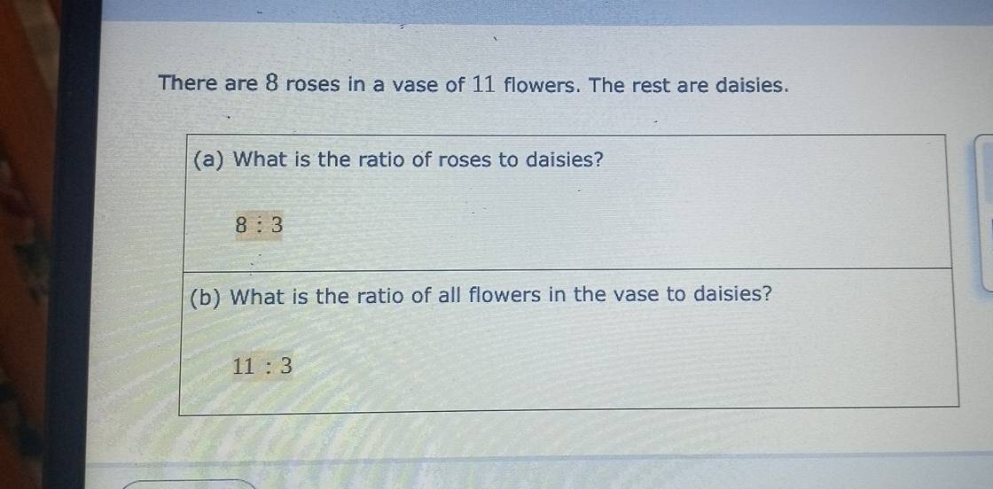 There are 8 roses in a vase of 11 flowers. The rest are daisies.