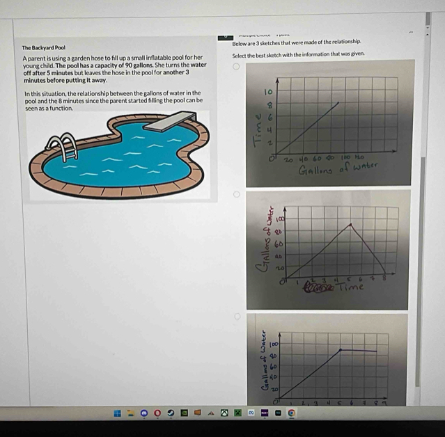 The Backyard Pool Below are 3 sketches that were made of the relationship. 
A parent is using a garden hose to fill up a small inflatable pool for her Select the best sketch with the information that was given. 
young child. The pool has a capacity of 90 gallons. She turns the water 
off after 5 minutes but leaves the hose in the pool for another 3
minutes before putting it away. 
In this situation, the relationship between the gallons of water in the 
pool and the 8 minutes since the parent started filling the pool can be 
a function.