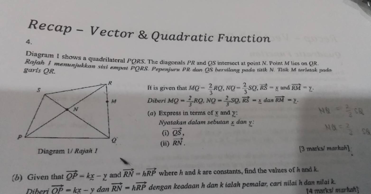 Recap - Vector & Quadratic Function 
4. 
Diagram I shows a quadrilateral PQRS. The diagonals PR and QS intersect at point N. Point M lies on QR. 
Rajah I menunjukkan sisi empat PQRS. Pepenjuru PR dan QS bersilang pada titik N. Titik M terletak padao 
garis QR. 
It is given that MQ= 2/3 RQ, NQ= 2/3 SQ, vector RS=_ x and vector RM=y. 
Diberi MQ= 2/3 RQ, NQ= 2/3 SQ, vector RS=_ x dan vector RM=y. 
(a) Express in terms of x and y : 
Nyatakan dalam sebutan x dan y : 
(i) vector QS, 
(ii) vector RN, 
Diagram 1/ Rajah 1 
[3 marks/ markah] 
(b) Given that vector QP=kx-y and vector RN=hvector RP where h and k are constants, find the values of h and k. 
Diberi vector OP=kx-y dan vector RN=hvector RP dengan keadaan h dan k ialah pemalar, cari nilai h dan nilai k. 
[4 marks/ markah]