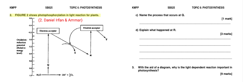 KMPP SB025 TOPIC 6: PHOTOSYNTHESIS KMPP SB025 TOPIC 6: PHOTOSYNTHESIS
2. FIGUc) Name the process that occurs at Q.
_
[1 mark]
d) Explain what happened at R.
[3 marks]
_
_
_
_
3. With the aid of a diagram, why is the light dependent reaction important in
photosynthesis?
[9 marks]