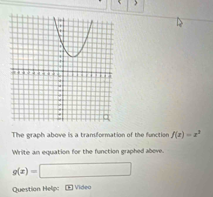 The graph above is a transformation of the function f(x)=x^2
Write an equation for the function graphed above.
g(x)=□
Question Help: Video