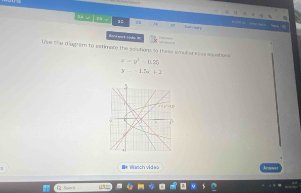 3C 3D
38 3 E 3 F
3A Summary
BCLSTHS MDF- hAfomrt Hadi/e
Bookwork code: 3C not allowed. Calnuator
Use the diagram to estimate the solutions to these simultaneous equations.
x=y^2-0.25
y=-1.5x+2
Watch video
5 Answer
Search