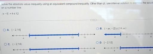 Solve the absolute value inequality using an equivalent compound inequality. Other than Ø, use interval notation to express the soluti
on a number line.
|x-6|+4≤ 12
B. (-∈fty ,-2]∪ [14,∈fty )
C. (-2,14)
D. [-2,12]
-4 0