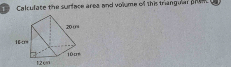 Calculate the surface area and volume of this triangular prism.