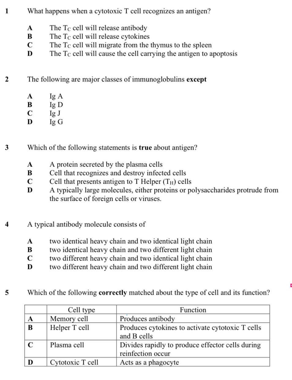 What happens when a cytotoxic T cell recognizes an antigen?
A The Tc cell will release antibody
B The Tc cell will release cytokines
C The Tc cell will migrate from the thymus to the spleen
D The Tc cell will cause the cell carrying the antigen to apoptosis
2 The following are major classes of immunoglobulins except
A Ig A
B Ig D
C Ig J
D Ig G
3 Which of the following statements is true about antigen?
A A protein secreted by the plasma cells
B Cell that recognizes and destroy infected cells
C Cell that presents antigen to T Helper (T_H) cells
D A typically large molecules, either proteins or polysaccharides protrude from
the surface of foreign cells or viruses.
4 A typical antibody molecule consists of
A two identical heavy chain and two identical light chain
B two identical heavy chain and two different light chain
C two different heavy chain and two identical light chain
D two different heavy chain and two different light chain

5 Which of the following correctly matched about the type of cell and its function?