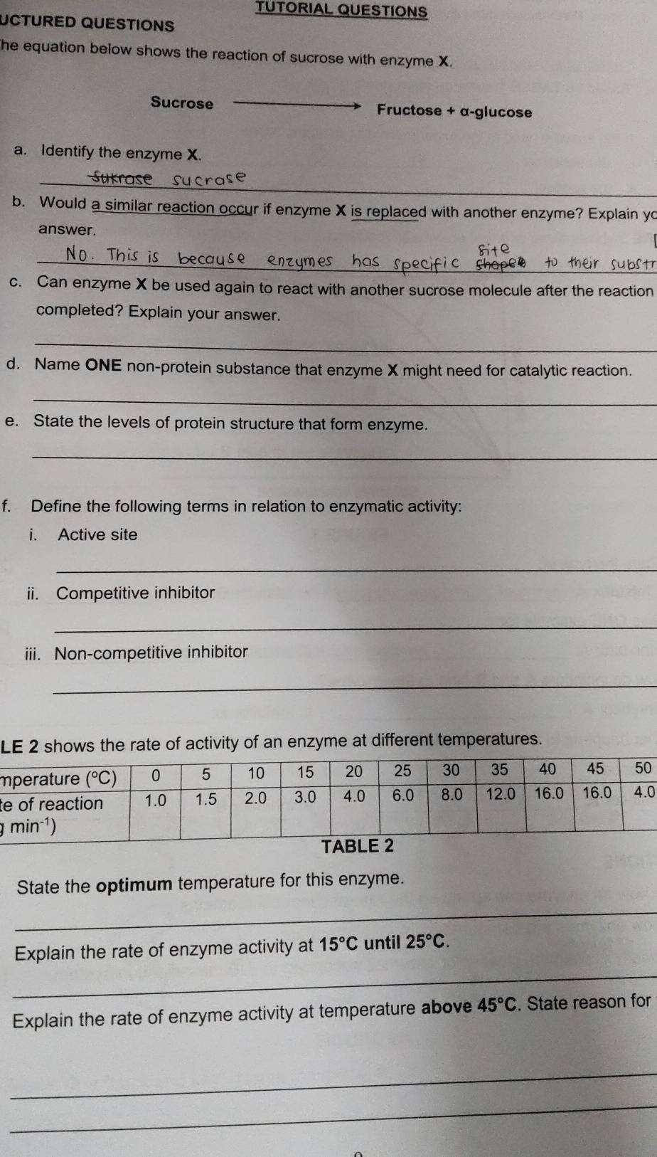 TUTORIAL QUESTIONS
UCTURED QUESTIONS
he equation below shows the reaction of sucrose with enzyme X.
Sucrose  Fructose + α-glucose
a. Identify the enzyme X.
_
b. Would a similar reaction occur if enzyme X is replaced with another enzyme? Explain yo
answer.
_
c. Can enzyme X be used again to react with another sucrose molecule after the reaction
completed? Explain your answer.
_
d. Name ONE non-protein substance that enzyme X might need for catalytic reaction.
_
e. State the levels of protein structure that form enzyme.
_
f. Define the following terms in relation to enzymatic activity:
i. Active site
_
ii. Competitive inhibitor
_
iii. Non-competitive inhibitor
_
LE 2 shows the rate of activity of an enzyme at different temperatures.
m
t0
1
State the optimum temperature for this enzyme.
_
Explain the rate of enzyme activity at 15°C until 25°C.
_
Explain the rate of enzyme activity at temperature above 45°C. State reason for
_
_