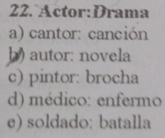 a) cantor: canción
h) autor: novela
c) pintor: brocha
d) médico: enfermo
e) soldado: batalla