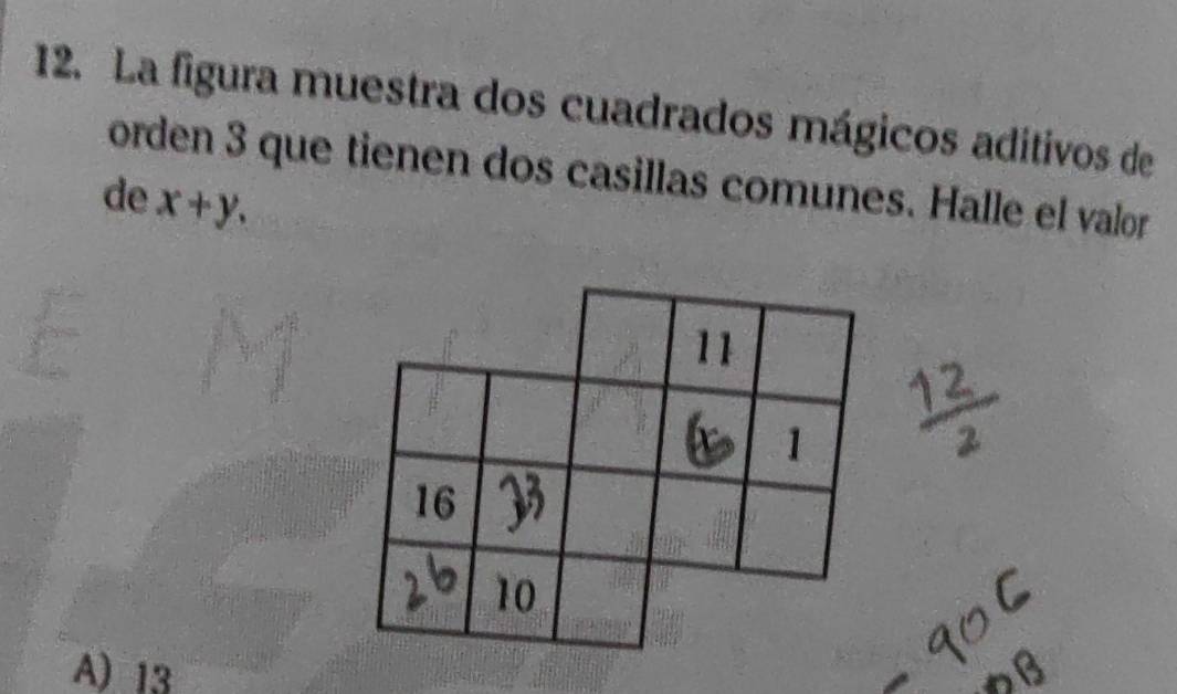 La figura muestra dos cuadrados mágicos aditivos de
orden 3 que tienen dos casillas comunes. Halle el valor
de x+y.
A) 13