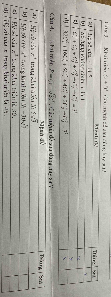 Khai triển (x+1)^5. Các mệnh đề sau đúng hay sai?
Câu 4. Khai triển P=(x-sqrt(3))^5. Các mệnh đề sau đúng hay sai?