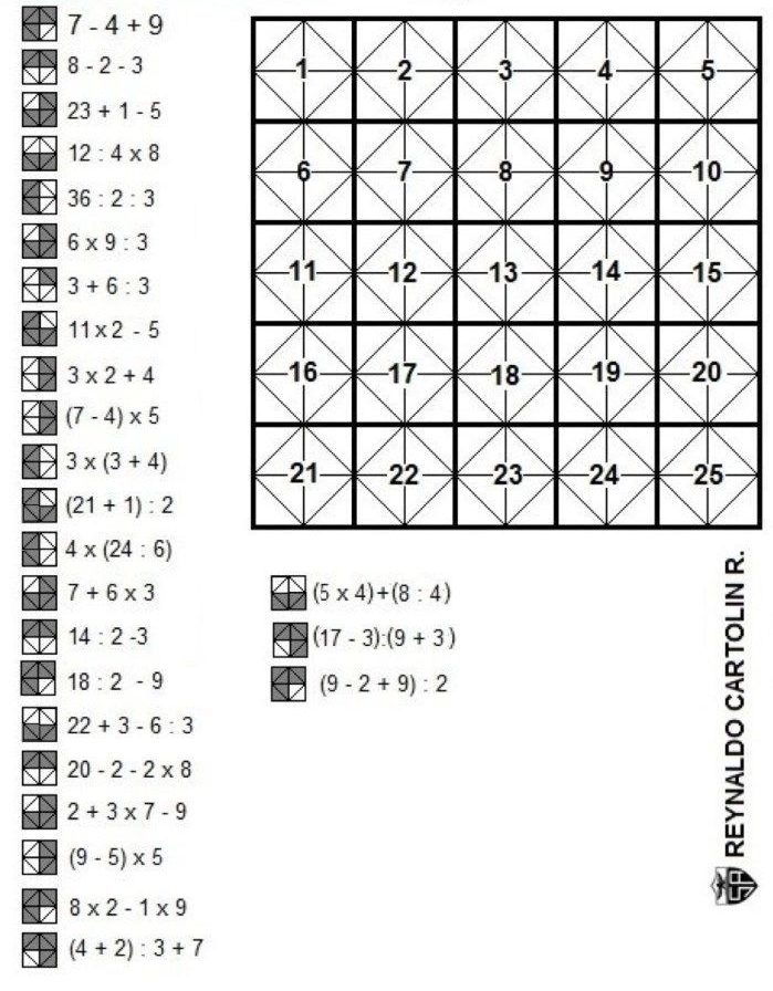 7-4+9
8-2-3
23+1-5
12:4* 8
36:2:3
6* 9:3
3+6:3
11* 2-5
3* 2+4
(7-4)* 5
3* (3+4)
(21+1):2
4* (24:6)
7+6* 3
(5* 4)+(8:4)
14:2-3
(17-3):(9+3)
18:2-9
(9-2+9):2
22+3-6:3
20-2-2* 8
2+3* 7-9
(9-5)* 5
8
8* 2-1* 9
(4+2):3+7