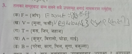 तलका समूहबाट बन्न सक्ने सबै उपसमूह बनाई नामकरण गनहोस् 
(क) F=
(ख) V=
(ग) T=
() A= ch बिरालो, घोडा, गाई 
(3) B= परेवा, काग, चिल, सुगा, बकुल्ला 
7 अनपयकत