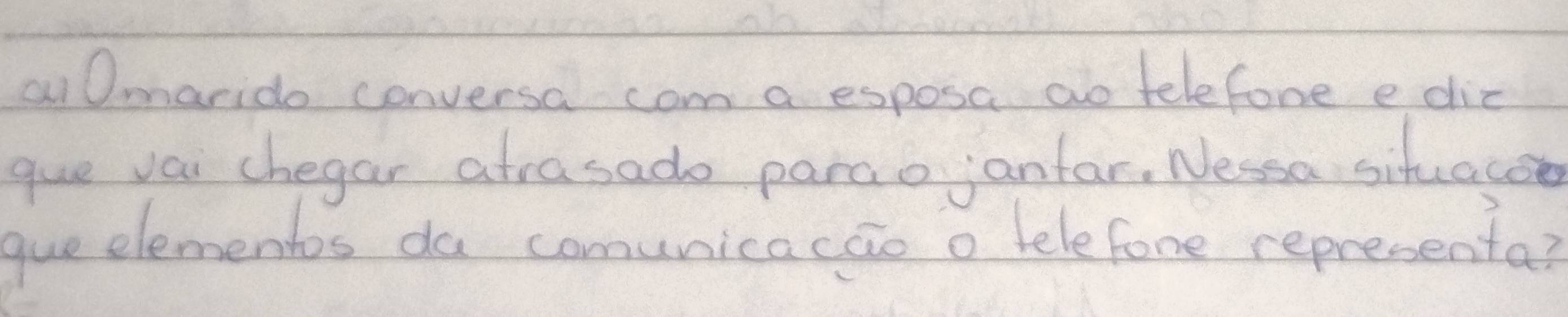 ai Omarido conversa com a esposa ao telefone e did 
gue vai chegar atrasado parao janfar, Nessa situace 
que elementos da comunicacao o telefore representa?