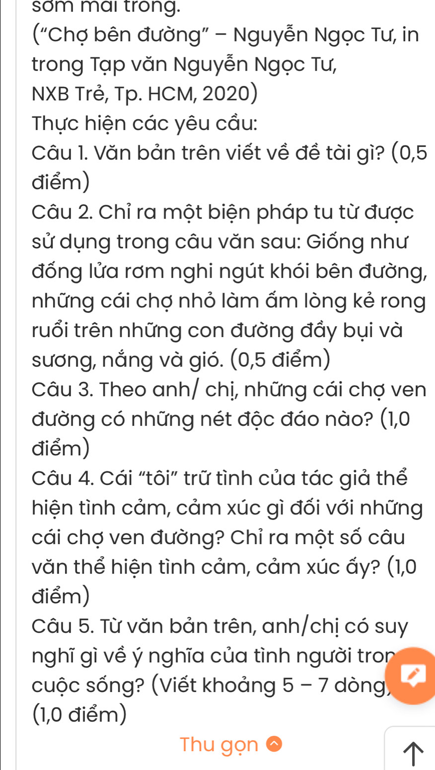 sơm mai trong. 
(“Chợ bên đường” - Nguyễn Ngọc Tư, in 
trong Tạp văn Nguyễn Ngọc Tư, 
NXB Trẻ, Tp. HCM, 2020) 
Thực hiện các yêu cầu: 
Câu 1. Văn bản trên viết về đề tài gì? (0,5
điểm) 
Câu 2. Chỉ ra một biện pháp tu từ được 
sử dụng trong câu văn sau: Giống như 
đống lửa rơm nghi ngút khói bên đường, 
những cái chợ nhỏ làm ấm lòng kẻ rong 
truổi trên những con đường đầy bụi và 
sương, nắng và gió. (0,5 điểm) 
Câu 3. Theo anh/ chị, những cái chợ ven 
đường có những nét độc đáo nào? (1,0
điểm) 
Câu 4. Cái “tôi” trữ tình của tác giả thể 
hiện tình cảm, cảm xúc gì đối với những 
cái chợ ven đường? Chỉ ra một số câu 
văn thể hiện tình cảm, cảm xúc ấy? (1,0
điểm) 
Câu 5. Từ văn bản trên, anh/chị có suy 
nghĩ gì về ý nghĩa của tình người tron 
cuộc sống? (Viết khoảng 5 - 7 dòng, 
(1,0 điểm) 
Thu gọn