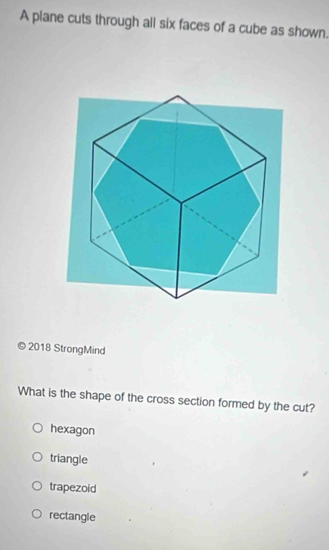 A plane cuts through all six faces of a cube as shown.
2018 StrongMind
What is the shape of the cross section formed by the cut?
hexagon
triangle
trapezoid
rectangle