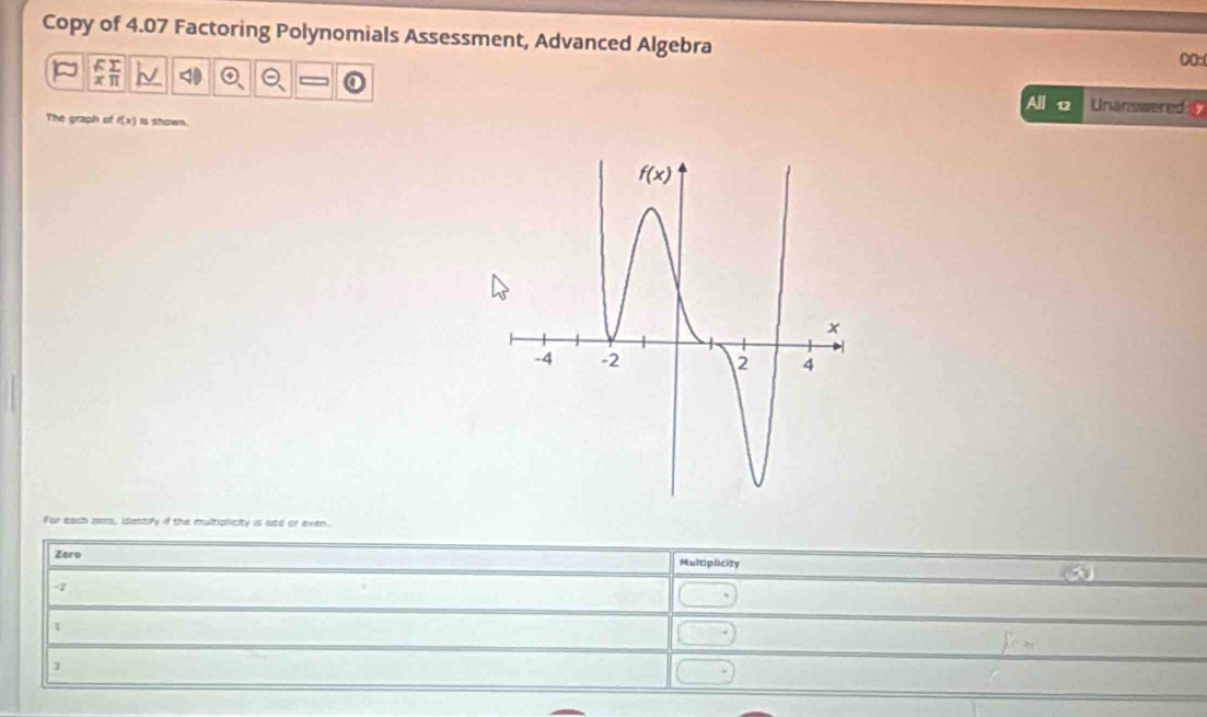 Copy of 4.07 Factoring Polynomials Assessment, Advanced Algebra
F 
00:
All 12 Unanswered 
The graph of f(x) Is shown.
For eash zem, iestify if the multiplicity is add or even.
Zaro Multiplicity
a
4
1