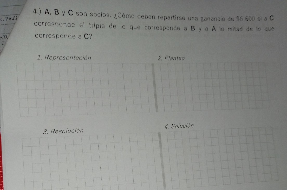 4.) A, B y C son socios. ¿Cómo deben repartirse una ganancia de $6 600 sí a C 
s. Pauli 
corresponde el triple de lo que corresponde a B y a A la mitad de lo que 
AR corresponde a C? 
E 
1. Representación 2. Planteo 
3. Resolución 4. Solución