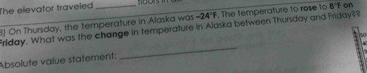 The elevator traveled_ 
3) On Thursday, the temperature in Alaska was -24°F. The temperature to rose to 8°F on 
Friday. What was the change in temperature in Alaska between Thursday and Friday??
50
Absolute value statement: 
_