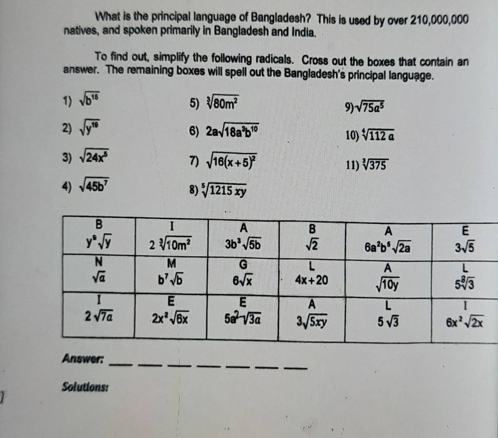 What is the principal language of Bangladesh? This is used by over 210,000,000
natives, and spoken primarily in Bangladesh and India.
To find out, simplify the following radicals. Cross out the boxes that contain an
answer. The remaining boxes will spell out the Bangladesh's principal language.
1) sqrt(b^(15)) 5) sqrt[3](80m^2)
9) sqrt(75a^5)
2) sqrt(y^(10)) 6) 2asqrt(18a^3b^(10)) 10) sqrt[4](112a)
3) sqrt(24x^5)
7) sqrt(16(x+5)^2) 11)
4) sqrt(45b^7) sqrt[3](375)
8) sqrt[5](1215xy)
__
_
__
_
Answer:_
Solutions: