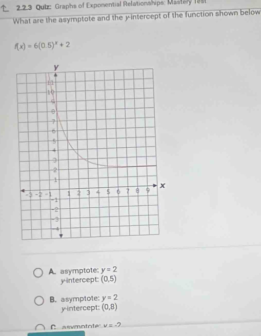 Qulz: Graphs of Exponential Relationships; Mastery 1est
What are the asymptote and the y intercept of the function shown below
f(x)=6(0.5)^x+2
A. asymptote: y=2
yintercept: (0,5)
B. asymptote: y=2
y-intercept: (0,8)
asymntote v=-2