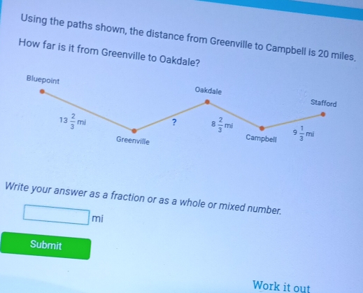 Using the paths shown, the distance from Greenville to Campbell is 20 miles. 
How far is it from Greenville to Oakdale? 
Bluepoint Oakdale 
Stafford
13 2/3 ml
? 8 2/3 mi 9 1/3 mi
Greenville 
Campbell 
Write your answer as a fraction or as a whole or mixed number.
□ mi
Submit 
Work it out