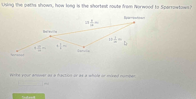 Using the paths shown, how long is the shortest route from Norwood to Sparrowtown?
Write your answer as a fraction or as a whole or mixed number.
m
Subrit