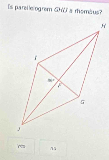 Is parallelogram GHD a rhombus?
yes no