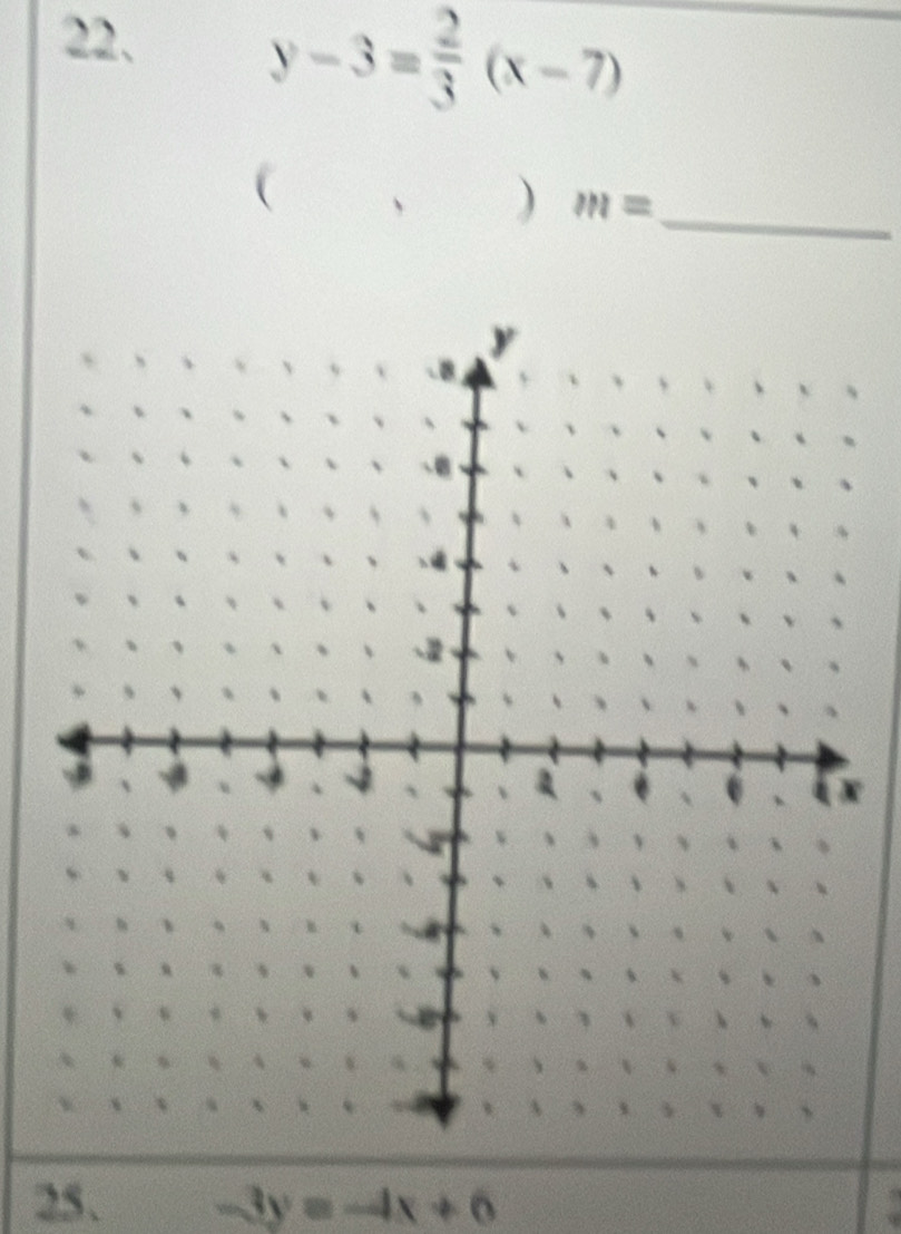 y-3= 2/3 (x-7)
_ 
(,) m=
x
25、 -3y=-4x+6