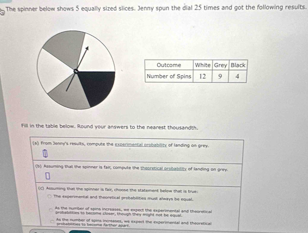 The spinner below shows 5 equally sized slices. Jenny spun the dial 25 times and got the following results.
Fill in the table below. Round your answers to the nearest thousandth.
(a) From Jenny's results, compute the experimental probability of landing on grey.
(b) Assuming that the spinner is fair, compute the theoretical probability of landing on grey.
(c) Assuming that the spinner is fair, choose the statement below that is true:
The experimental and theoretical probabilities must always be equal.
As the number of spins increases, we expect the experimental and theoretical
probabilities to become closer, though they might not be equal.
As the number of spins increases, we expect the experimental and theoretical
probabilities to become farther apart.