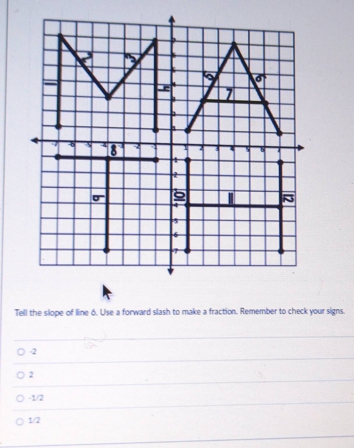 Tell the slope of line 6. Use a forward slash to make a fraction. Remember to check your signs.
-2
2
-1/2
1/2