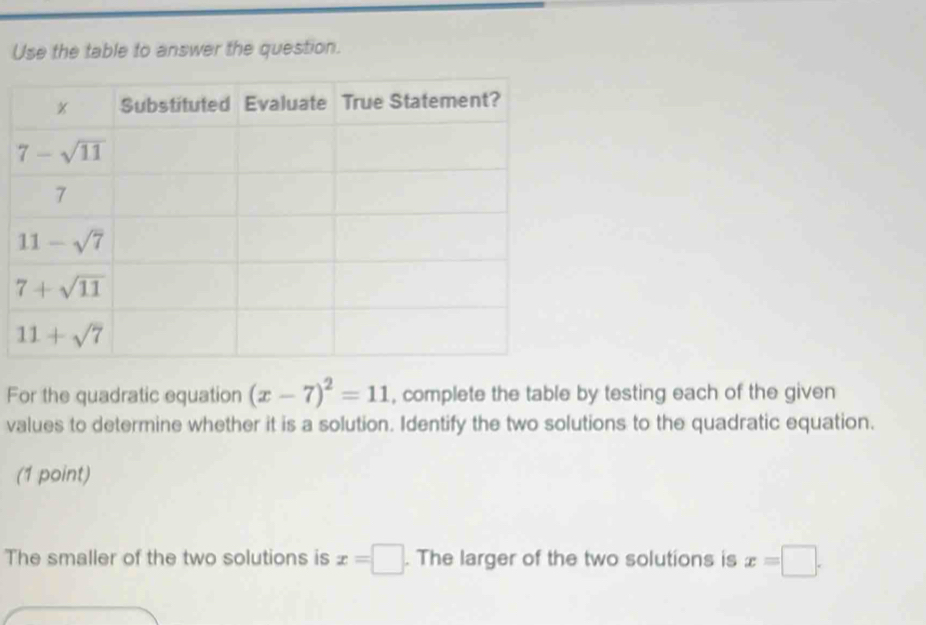 Use the table to answer the question.
For the quadratic equation (x-7)^2=11 , complete the table by testing each of the given
values to determine whether it is a solution. Identify the two solutions to the quadratic equation.
(1 point)
The smaller of the two solutions is x=□. The larger of the two solutions is x=□ .