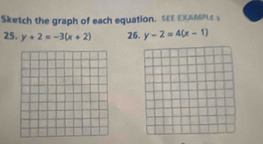 Sketch the graph of each equation. SEE EXAMP 
25. y+2=-3(x+2) 26. y-2=4(x-1)