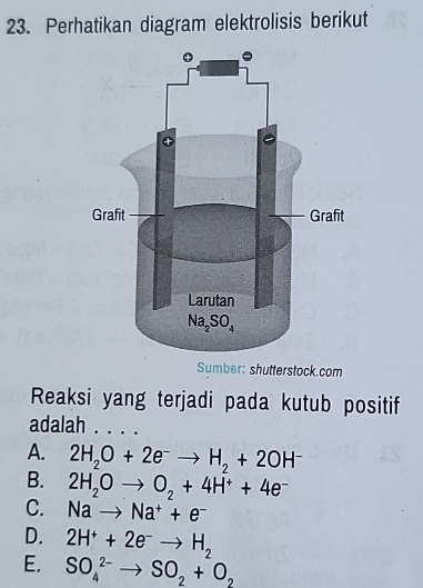 Perhatikan diagram elektrolisis berikut
Sumber: shutterstock.com
Reaksi yang terjadi pada kutub positif
adalah . . . .
A. 2H_2O+2e^-to H_2+2OH^-
B. 2H_2Oto O_2+4H^++4e^-
C. Nato Na^++e^-
D. 2H^++2e^-to H_2
E. SO_4^((2-)to SO_2)+O_2