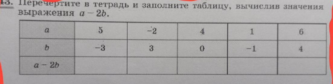 Перечертиτе в тетрадьи заполните τаблицу, вычислив значения
Βыражения a-2b