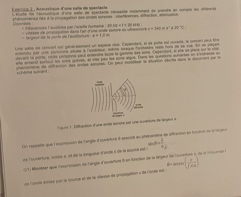 Exércice 2 : Acoustique d'une salle de spectacle
L'étude de l'acoustique d'une salle de spectacle nécessite notamment de prendre en compte les différents
phénomènes liés à la propagation des ondes sonores : interférences, diffraction, atténuation
Données :
- fréquences f audibles par l'oreille humaine : 20Hz '
- vitesse de propagation dans l'air d'une onde sonore ou ultrasonore c=340m· s^(-1)  20°C
- largeur de la porte de l'auditorium : a=1,0m,
Une salle de concert est généralement un espace clos. Cependant, si sa porte est ouverte, le concert peut être
entendu par une personne située à l'extérieur, même lorsque l'orchestre reste hors de sa vue. En se plaçant
devant la porte, celle personne peut entendre toute la gamme des sons. Cependant, si elle se place sur le côté,
elle entend surtout les sons graves, et très peu les sons aigus. Dans les questions suivantes on s'intéresse au
phénomène de diffraction des ondes sonores. On peut modéliser la situation décrite dans le document par le
schéma suivant :
Figure 1. Diffraction d'une onde sonore par une ouverture de largeur a
On rappelle que l'expression de l'angle d'ouverture 0 associé au phénomène de diffraction en fonction de la largeur
de l'ouverture, notée a, et de la longueur d'onde λ de la source est : sin θ = lambda /a 
Q1) Montrer que l'expression de l'angle d'ouverture θ en fonction de la large de la fréquence 
de l'onde émise par la source et de la vitesse de propagation v de l'onde est : θ =arcsin ( c/f* a )