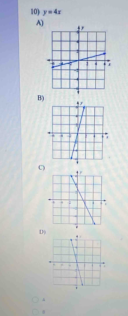 y=4x
A) 
B) 
C) 
D) 
A 
B