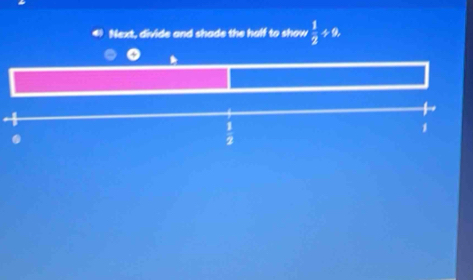 Next, divide and shade the half to show  1/2 +9.