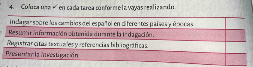 Coloca una √ en cada tarea conforme la vayas realizando. 
Indagar sobre los cambios del español en diferentes países y épocas. 
Resumir información obtenida durante la indagación. 
Registrar citas textuales y referencias bibliográficas. 
Presentar la investigación.