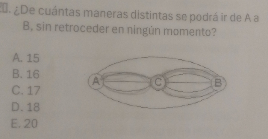 ¿De cuántas maneras distintas se podrá ir de A a
B, sin retroceder en ningún momento?
A. 15
B. 16
C. 17
D. 18
E. 20