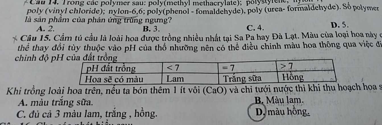 Cau 14. Trong các polymer sau: poly(methyl methacrylate); polystyfene, nylc
poly (vinyl chloride); nylon-6,6; poly(phenol - fomaldehyde), poly (urea- formaldehyde). Số polymer
là sản phầm của phản ứng trùng ngưng?
A. 2. B. 3. C. 4. D. 5.
Câu 15. Cầm tú cầu là loài hoa được trồng nhiều nhất tại Sa Pa hay Đà Lạt. Màu của loại hoa này ở
thể thay đổi tùy thuộc vào pH của thổ nhưỡng nên có thể điều chỉnh màu hoa thông qua việc đi
chinh độ p
Khi trồng loài hoa trên, nếu ta bón thêm 1 ít vôi (CaO) và chỉ tưới nước thì khi thu hoạch hoa s
A. màu trắng sữa. B. Màu lam.
C. đủ cả 3 màu lam, trắng , hồng. D. màu hồng.