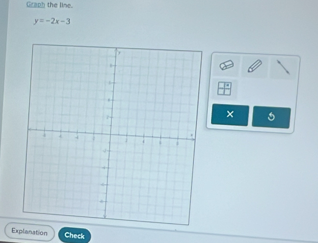 Graph the line.
y=-2x-3
× 
Explanation Check