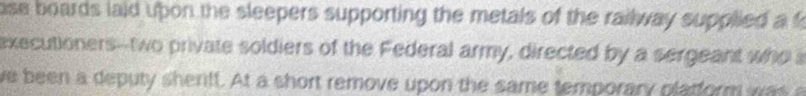 ase boards laid upon the sleepers supporting the metals of the railway supplied a f 
executioners--two private soldiers of the Federal army, directed by a sergeant who s 
we been a deputy sherff. At a short remove upon the same temporary plarform w