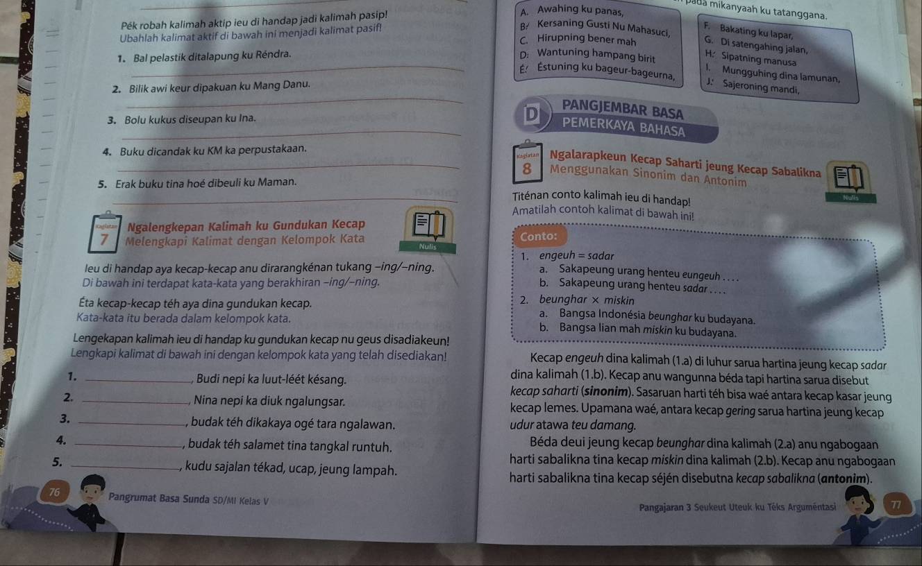 pada mikanyaah ku tatanggana.
Pék robah kalimah aktip ieu di handap jadi kalimah pasip!
A. Awahing ku panas,
Ubahlah kalimat aktif di bawah ini menjadi kalimat pasif!
B Kersaning Gusti Nu Mahasuci,
F. Bakating ku lapar,
C. Hirupning bener mah G. Di satengahing jalan,
1. Bal pelastik ditalapung ku Réndra. D: Wantuning hampang birit
H. Sipatning manusa
I. Mungguhing dina lamunan,
_
_É Éstuning ku bageur-bageurna, J. Sajeroning mandi,
2. Bilik awi keur dipakuan ku Mang Danu.
PANGJEMBAR BASA
3. Bolu kukus diseupan ku Ina. D PEMERKAYA BAHASA
4. Buku dicandak ku KM ka perpustakaan.
_giatan Ngalarapkeun Kecap Saharti jeung Kecap Sabalikna
8 Menggunakan Sinonim dan Antonim
5. Erak buku tina hoé dibeuli ku Maman.
_Titénan conto kalimah ieu di handap!
Amatilah contoh kalimat di bawah ini!
Ngalengkepan Kalimah ku Gundukan Kecap :
7 Melengkapi Kalimat dengan Kelompok Kata Conto:
1. engeuh =sad ar
leu di handap aya kecap-kecap anu dirarangkénan tukang −ing/-ning.
a. Sakapeung urang henteu eungeuh .  .
Di bawah ini terdapat kata-kata yang berakhiran −ing/−ning.
b. Sakapeung urang henteu sadar . . . .
Éta kecap-kecap téh aya dina gundukan kecap. 2. beunghar × miskin
a. Bangsa Indonésia beunghar ku budayana.
Kata-kata itu berada dalam kelompok kata. b. Bangsa lian mah miskin ku budayana.
Lengekapan kalimah ieu di handap ku gundukan kecap nu geus disadiakeun!
Lengkapi kalimat di bawah ini dengan kelompok kata yang telah disediakan! Kecap engeuh dina kalimah (1.a) di luhur sarua hartina jeung kecap sɑdar
1. _dina kalimah (1.b). Kecap anu wangunna béda tapi hartina sarua disebut
Budi nepi ka luut-léét késang. kecap saharti (sinonim). Sasaruan harti téh bisa waé antara kecap kasar jeung
2. _, Nina nepi ka diuk ngalungsar. kecap lemes. Upamana waé, antara kecap gering sarua hartina jeung kecap
3. _, budak téh dikakaya ogé tara ngalawan. udur atawa teu damang.
4. _, budak téh salamet tina tangkal runtuh. Béda deui jeung kecap beunghar dina kalimah (2.a) ) anu ngabogaan
harti sabalikna tina kecap miskin dina kalimah (2.b). Kecap anu ngabogaan
5. _, kudu sajalan tékad, ucap, jeung lampah.
harti sabalikna tina kecap séjén disebutna kecap sabalikna (antonim).
76 Pangrumat Basa Sunda SD/MI Kelas V
Pangajaran 3 Seukeut Uteuk ku Téks Arguméntasi 77